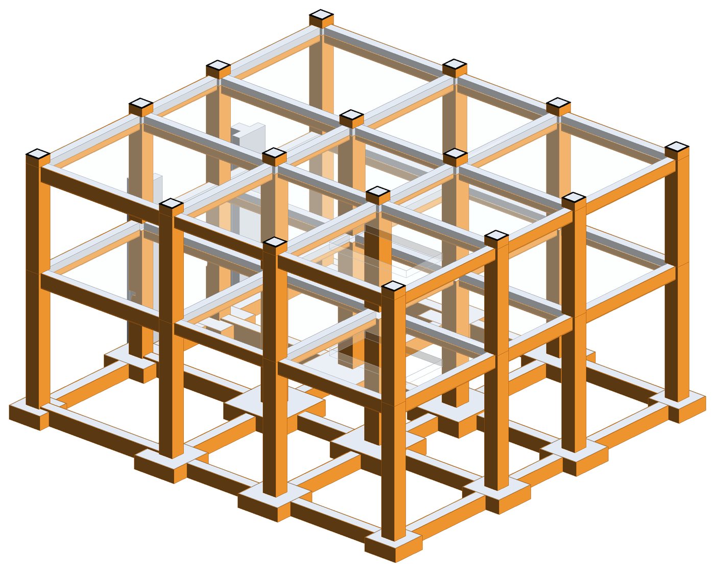 Estructura de dos niveles en Revit con el encofrado de columnas, vigas y zapatas generado por PengBIM.