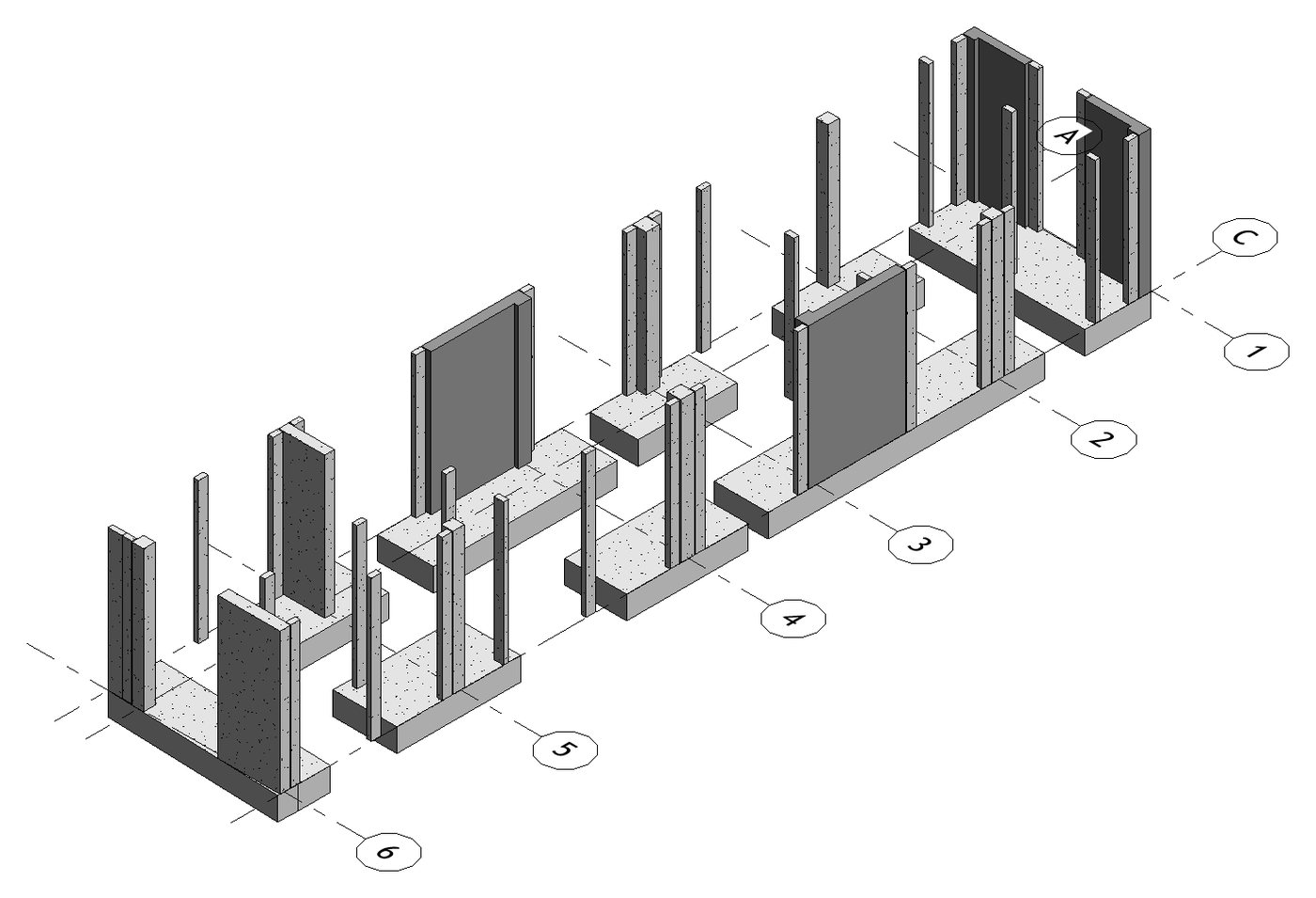 Cimentación de una vivienda de cinco niveles modelada en Revit desde su plano PDF, con zapatas combinadas, columnas y placas.